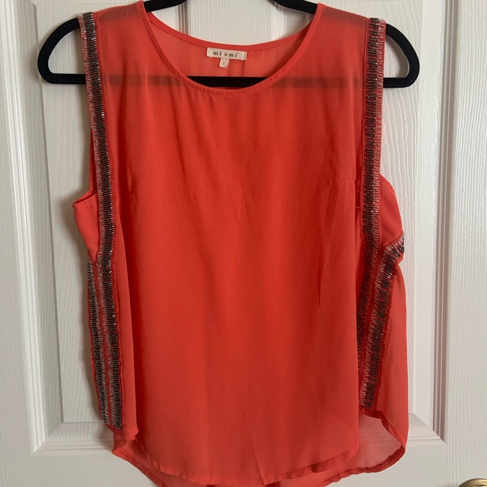 Sheer Orange Tank Top with beaded details